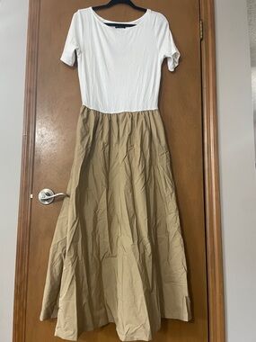 White and Tan Two-Tone Maxi Skirt Dress